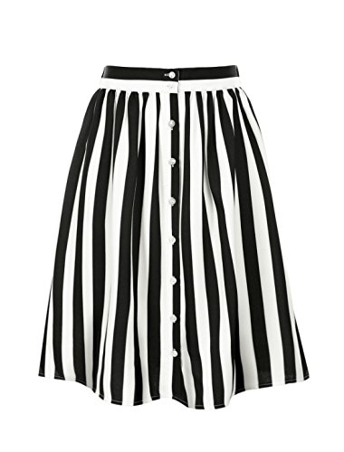 Womens Striped Button Front Elastic Back Waist A Line Midi