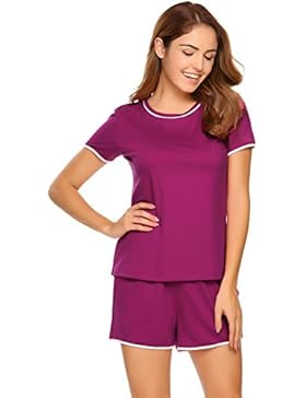 ADOME Damen Schlafanzug Kurzarm Baumwolle Shorty mit Hose 2-tlg pyjama set sommer Nachtwäsche Shirt & Shorts Schwarz...