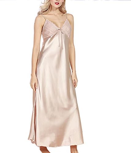 TIAQUE Women Silk Gown Sleepdress Bowknot Simple Helter Top Robe Braces Long Sleepdress Bothrobe Beige UK 8-10