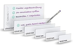 ‎SMAGNON Magnetschild Magnetetiketten Magnetstreifen - Magnet Etikett inkl. Gratis Stift - für Lagerbeschriftung Kennzeichnung, Magnettafeln, Magnetband, Größe:100 x 40 mm, Menge:50 Stück