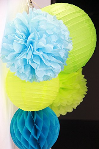 SUNBEAUTY Blau Grün Serie Tissue Papier Pompom & Honeycomb Ball Wabenball & Lampion Mixed Geburtstag Feier Party Dekoration - 2