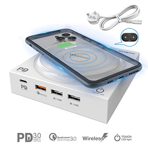 MOXOM USB C PD Charging Station for Multiple Devices,Fast Wireless Charging Pad with Night Light, Multiple USB Charger with 4 USB Ports[USB-C PD QC 3.0] for iPhone 11/Pro Max/XS/XR/X/8/8Plus