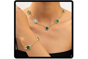 Danshinbow Ensemble collier et bracelet pentalobe vert porte-bonheur en or réglable avec collier et bracelet émeraude pour femmes et filles, Métal, Émeraude