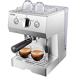 Aicok Cafetière Expresso, Machines à Café Expresso professionnelle 1140W avec Pompe 20 bar, 1.5 L Amovible Réservoir D'eau, Fonction de Chauffage, Acier inoxydable