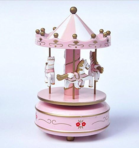 XuanMax Wooden Carousel Music Box 4-horse Merry-Go-Round Toy with Castle in the Sky Melody for Christmas Birthday Valentine's Day - Pink