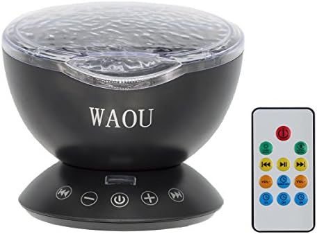 WAOU Remote Control Ocean Wave Projector Night Light Lamp Romantic Relax Multicolor Sleep Night Light With Built-in Music Player In Bedroom Living Room For Nursery Baby Kids Children Adults(Black)