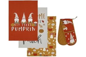 BOOYAH.UK Hey There Pumpkin Gnome Kitchen Essential Oven Gloves Tea Towel Set 100% Cotton George (Oven Gloves and Tea Towel Set)