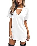 Minetom Damen Sommer V-Ausschnitt Kurzarm T-Shirt Bluse Lässig Einfarbig Mini Kleid Sexy Oberteile Tunika Casual Langes Hemd Tops Weiß DE 34
