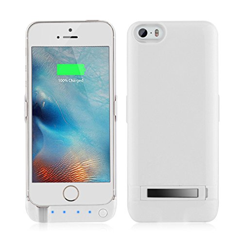 iPhone SE/5S/5 Battery Case,Soconic Newest Slim 4200mAh battery charging case for iPhone 5/5s/SE , Rechargeable extended protective Battery Case with 4 LED Lights Built-in Pop-out Kickstand Holder [With A Free Screen Protector] - White