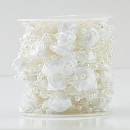 10 Meter (1 Rolle)-Girlande Perlen Blume Rose Satin Fila Vorhang Dekoration weiß