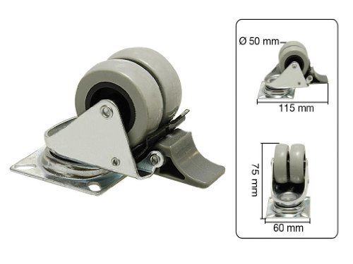Doppel-Lenkrolle Vollgummi mit Stahlrahmen und Bremse 50mm Durchmesser 100kg Tragkraft