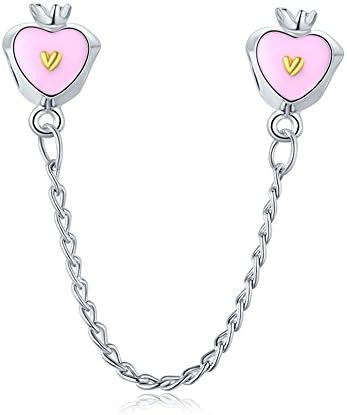 Yingyan Heart &amp; Crown Safety Chain Pink Enamel Silver Charms Beads For European Bracelet DIY for women