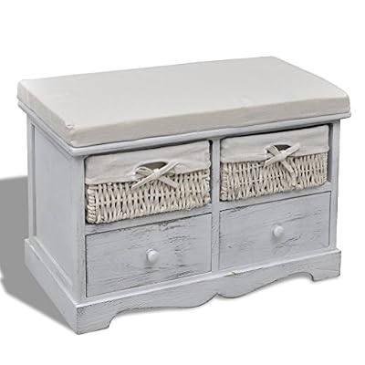 vidaXL Banc de rangement blanc en bois avec 2 paniers tissage et tiroirs