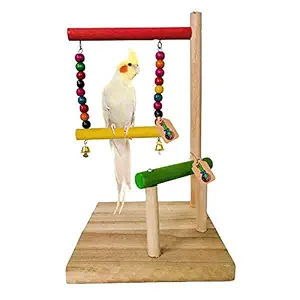 DreamAuro Colorful Wooden Parrot Hanging Swing Bell Toy Bird Perch Stand Bar Beads Pet Cage Decor Birds Playing Toy (Parrot, Cockatiels and Same Size)