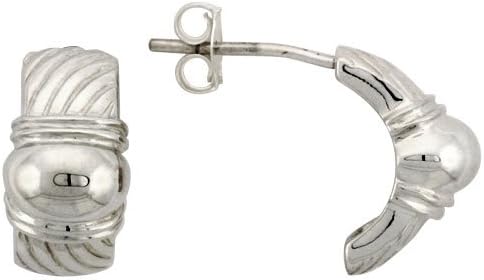 Sterling Silver Half Hoop Bali Style Post Earrings, w/ Diagonal Line Pattern, 9/16" (15mm) tall