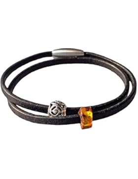 AmberConnections Unisex Naturleder Armband mit Bernstein und Rondell Perle, 2-reihig, schwarz