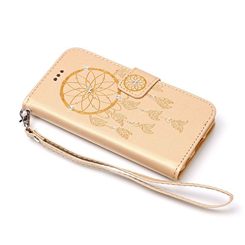 SKYXD für Samsung Galaxy A3 2016 A310F Hülle Leder Traumfänger Blumen Drucken Muster,Brieftasche Klappbar Glitzer Strass PU Folio Schutzhülle [Kartenfach / Magnet / Standfunktion / Trageschlaufe] Inner Silikon Klapphülle mit [Handyanhänger + Eingabestift] 3 in 1 Zubehör Handy Tasche Etui for Samsung Galaxy A3 2016 A310F Bookstyle Flip Case Leather Cover With [Stylus and Dust Plug]- Gold - 3