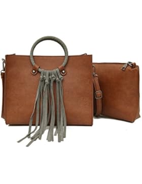 Fashion Ring Tasche Handtasche Quaste Hit Farbe Schulter Messenger Bag,Brown