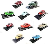 10 verschiedene Autos im Maßstab 1/43. Die Modelle sind die des Fotos. Die Wagen sind auf der Basis verschraubt und werden in flexiblen Transportblöcken geliefert.