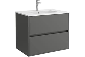 SALGAR Conjunto Mueble baño 70 cm con Lavabo 100% montado de fábrica | Modelo Noja color Gris lacado Mate suspendido 2 cajones cierre amortiguado Tiradores tipo uñero con Lavabo porcelana blanca