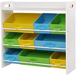 SONGMICS Étagère pour Jouets Enfants, 9 Paniers Amovibles Multicolores en Tissu Non-tissé, Organiseur, pour Salle de Jeux, Cadre en Bois, Blanc GKR31WT