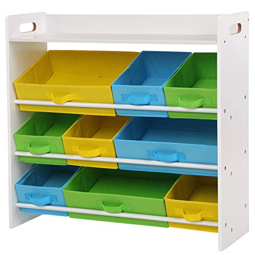 SONGMICS Étagère pour Jouets Enfants, 9 Paniers Amovibles Multicolores en Tissu Non-tissé, Organiseur, pour Salle de Jeux, Cadre en Bois, Blanc GKR31WT