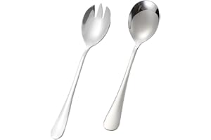 HUATEEN Set de Cubiertos para Ensalada Acero Inoxidable 20cm,2 Piezas Cuchara y Tenedor Servir Ensalada,Pasta,Postre,Sopas,Servidores para Ensaladas de Acero Inoxidable con Largo Mango para Cocina y Fiestas