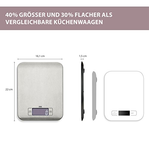 ADE Digitale Küchenwaage KE 1511 Ronda. Elektronische Waage mit Wiegefläche aus gebürstetem Edelstahl für präzises Wiegen bis 5kg. Mit Zuwiegefunktion (Tara). Inkl. Batterie. Silber - 2