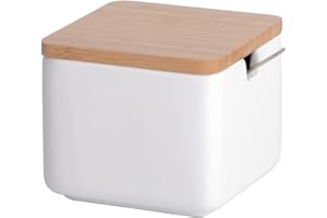 KOOK TIME boite a sucre, Sucrier pour la maison et la cuisine en céramique avec couvercle en bambou et cuillère en acier inoxydable, Couleur: Blanc/Bambou