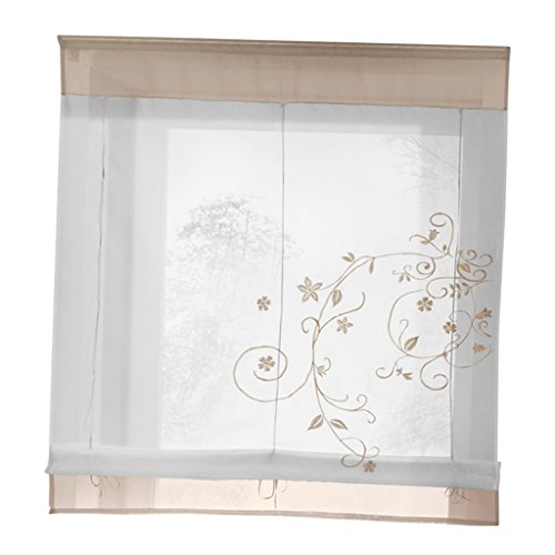 D DOLITY Beauty Embroidered Floral Roman Curtain Voile - Silk Ribbon Lifting Shade for Small Window, Kitchen Bedroom Window Valance Drape Blind with Back Tab / Rod Pocket - #4 Sand, 100x140cm / 40x56 inch