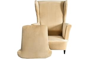 Highdi Funda de Sillón de Orejas Elástica Terciopelo, Funda de Sofá Relax 2 Piezas con Funda de Cojín, Color sólido Fundas Protector de Butaca para Dormitorio,Recepción,Club (Beige)
