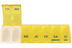 Anabox - Pilulier Semainier Box7-7 Compartiments Journaliers Indépendants - Organisateur de Médicaments Hebdomadaire Compact - Fabriqué en Allemagne - Sans BPA - Coloris Jaune