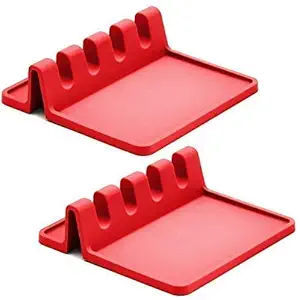 Beverlion 2 pcs Silicone Spoon Rest Kitchen Utensil Rest Ladle Spoon Holder for Kitchen Counter or Stove - Red (2 pcs Set)