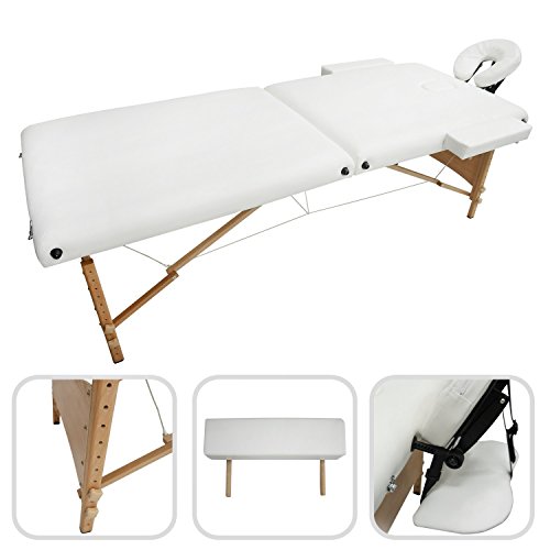 Todeco - Mesa de Masajes Plegable, Mesa de Terapia Profesional - Tamaño: 186 x 71 x 62 cm - Alto: Ajustable 62-83 cm - Blanco, Pata de madera, 2 secciones plegables, con reposacabezas, reposabrazos, bolsa de transporte