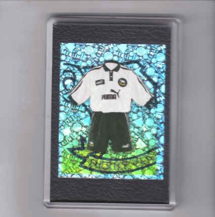 Derby County FC (The Rams) Merlin 98 football kit foil sticker in a fridge magnet