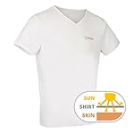 Durchbräunendes V-Ausschnitt Shirt für Herren von TanMeOn, Unter dem T-Shirt braun werden, Farben: Weiss, Blau oder Grau