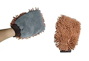 VRT 2 in 1 Multipurpose Chenille Microfibre Mitts and Sponge Hand Duster for Washing Cars and Household Items (Assorted Colour, Pack of 2)