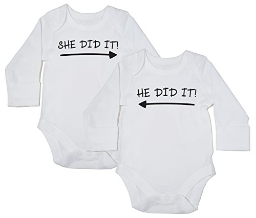 HippoWarehouse She Did It and He Did It (Twin Pack) baby bodysuit (long sleeve) boys girls