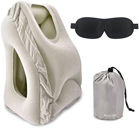 BOJECHER Travel Airplane Pillow Portable Inflatable Pillows Soft PVC Flocking Neck Head Rest Pillows for Car, Train, Bus ,Office and Camping (Grey)