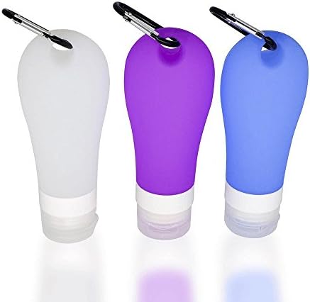 Mobengo 90ml(3.0oz) Soft Silicone Outdoor Travel Bottles Set Containers 3 pack (white+purple+blue) Leakproof Portable For Shampoo Cosmetics with Metal Buttons