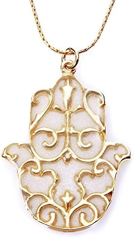 Gold Plated 925 Sterling Silver Hamsa Necklace Fleur de Lis Pendant Polymer Clay Handmade Jewellery, 16.5" Gold Filled Chain