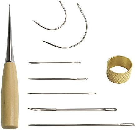 7 Pieces Curved Hand Sewing Needles Kit with Drilling Awl and Thimble for Upholstery Carpet Leather Furs Canvas Repair Tool by Ouway