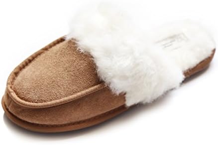 Justladybug Mule Slippers for Women. Extremely Comfortable Slip-on House Slipper. 100% Genuine Suede, fake fur lined, Hard Sole.