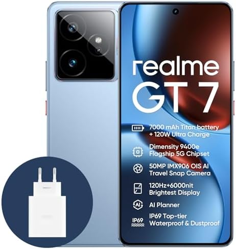 realme GT7 5G Smartphone,12+256GB,Batteria 7000mAh,120W charge,Processore Dimensity 9400e, Fotocamera IMX906 50MP, AI Planner, Display Pro-Esports da 6000 nit 120Hz,IP69,Blu, esclusiva Amazon