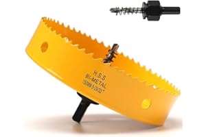 FASTDEPLE Scie cloche, 150mm scie cloche bois, Scie Trépan avec adaptateur hexagonal et embout central, Bi-métal HSS M42 scie cloche pour plastique, aluminium, plaques de plâtre, Jaune