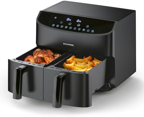 Rachs KOCHWERK - Friggitrice ad aria calda a doppia camera, 7 l, in acciaio inox digitale con touch screen, 10 programmi e 2 camere da 3,5 l, per friggere cibi senza olio, a basso contenuto di grassi,