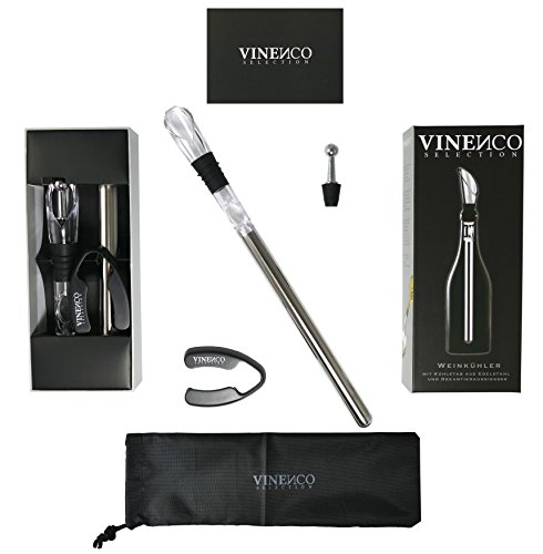 Weinkühler von VINENCO + Folienschneider, Edelstahl-Stopper & Aufbewahrungsbeutel – Premium 3-in-1 Flaschenkühler mit Dekantier-Ausgießer und Edelstahl-Kühlstab - 7