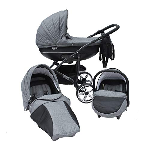 Cleo Kombi Kinderwagen 3 in 1 mit Hartgummireifen mit Luftkammern - grau/schwarz