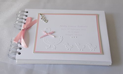 Baby Girl Personalised Photo Album With Interleaving, A5 Gift Boxed, Pink With Embossed Ducks.