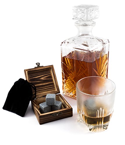 Whisky Steine von Rusty Wood, 6 wiederverwendbare Eiswürfel aus Stein mit hygienischem Samtsäckchen, mit rustikalem Holzkästchen perfekt als Geschenk - reusable Whiskey Rocks